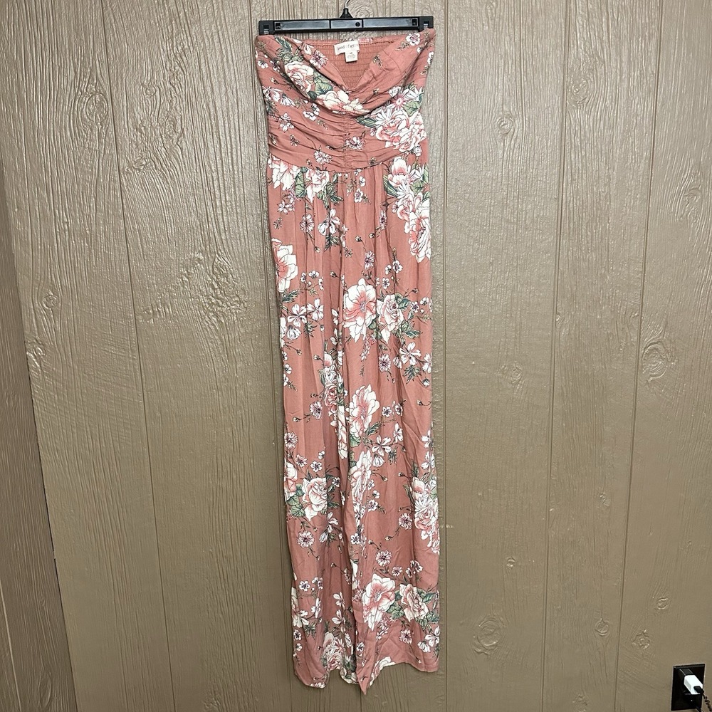Band of Gypsies Mauve Pink Floral Strapless Jumpsuit Size XS Wide‎ Leg Pockets